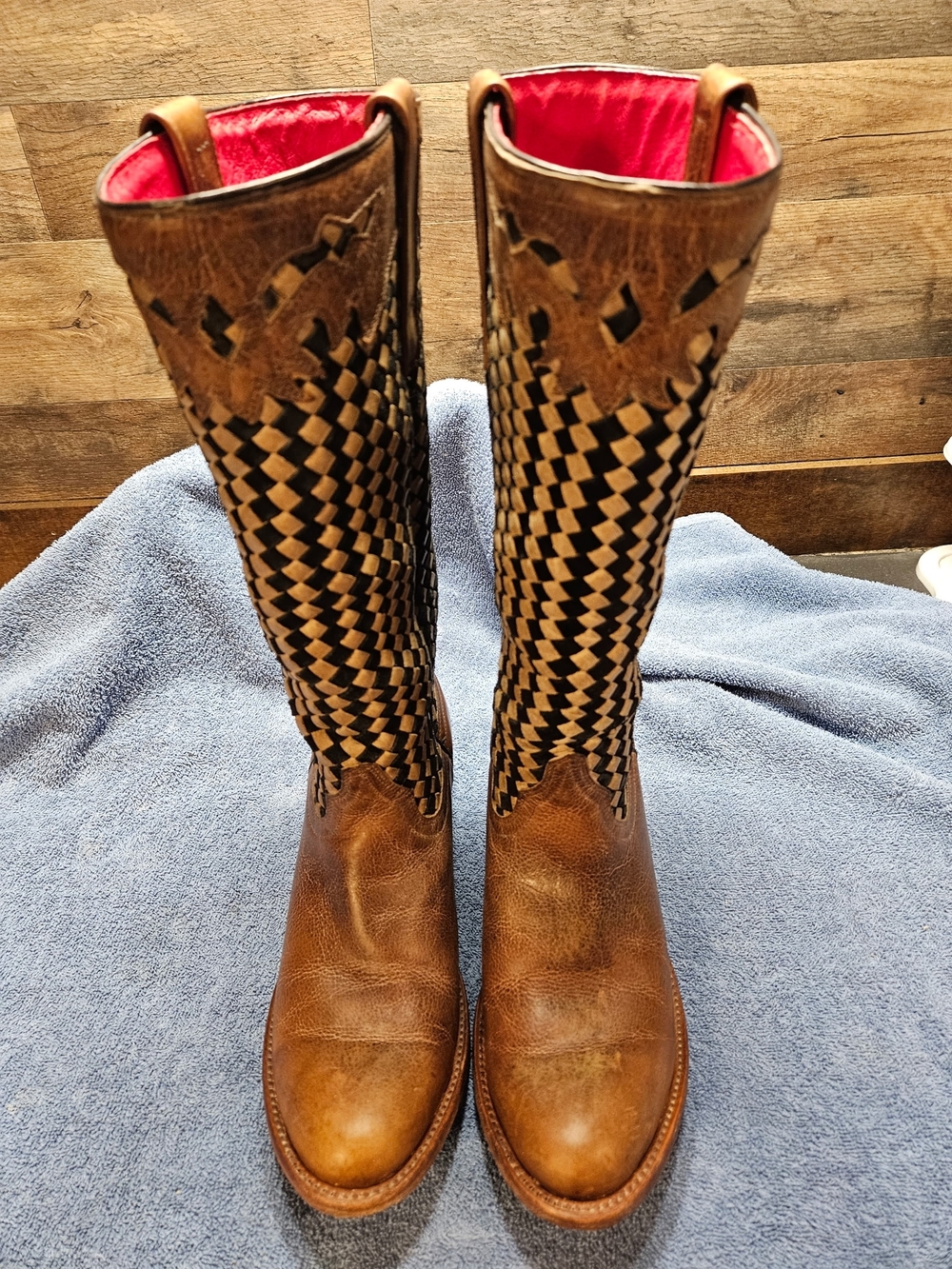 Women's Brown Weave Tall Leather Boots - Macie Bean Sz 8.5